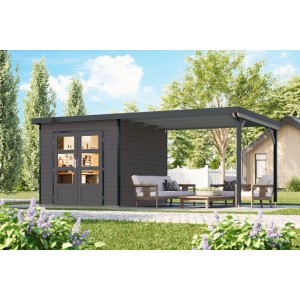 Karibu Gartenhaus Domingo 3 B mit Verlängerung Grau-Anthrazit