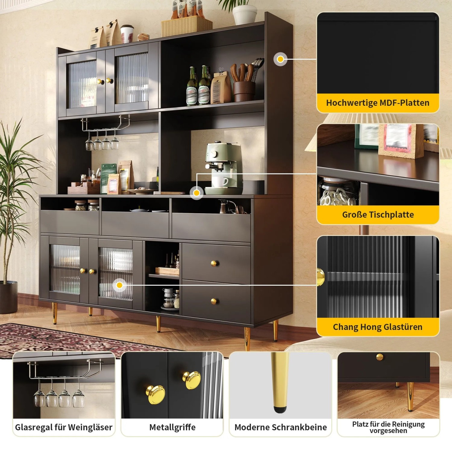 okwish Hochschrank mit Glastür Weinglasregal Restaurant 145x39x171cm Schwarz_6