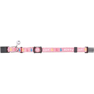 Rosa Jollypaw Kätzchenhalsband aus Nylon mit Glöckchen und bunten Katzenmotiven.