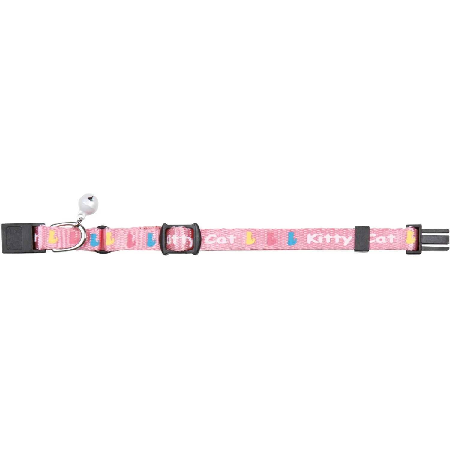 Rosa Jollypaw Kätzchenhalsband aus Nylon mit Glöckchen und bunten Katzenmotiven.