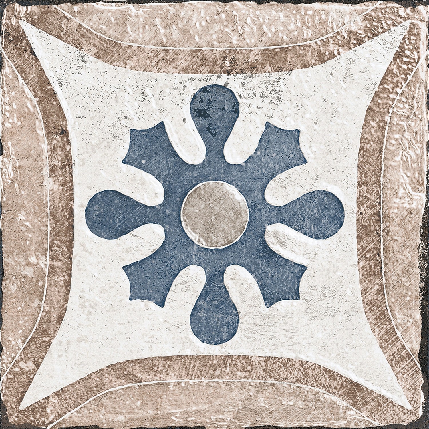 Bodenfliese Feinsteinzeug, matt glasiert, 20x20 cm, mit blau-weißem Dekor.