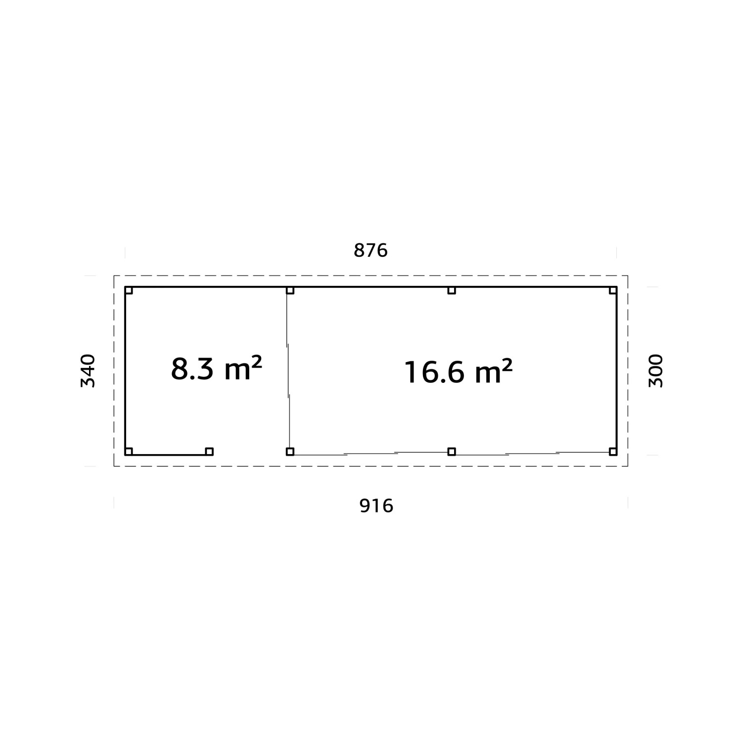 Grundriss Palmako Pavillon Lenna Set 719, Weekendhaus mit Maßen 876 x 300 cm und Flächenangaben.