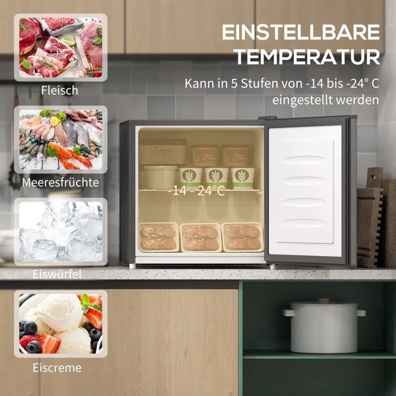 Grauer HOMCOM Mini-Gefrierschrank offen, zeigt gefrorene Lebensmittel. Temperatur von -14 bis -24°C einstellbar. Kompakte Gefrierbox.