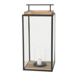Schwarze Boltze Home Laterne Damiano mit Holzdetails und Kerze, 35 cm hoch.