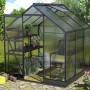 Schwarzes Vitavia Gewächshaus Apollo 3800 mit geöffneter Tür, Regalen und Pflanzen auf Fundament im Garten.