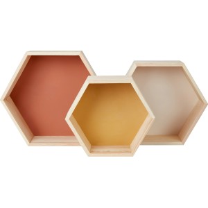 3-teiliges Holz-Regal Safari Adventure, sechseckig, in Orange, Gelb und Beige für Kinderzimmer.