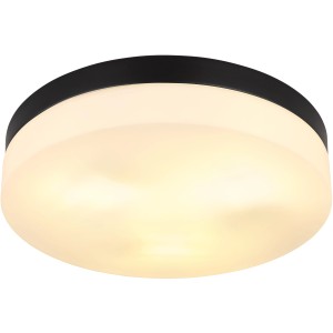 Schwarze, runde Globo Außendeckenleuchte mit drei Leuchtmitteln und matter Oberfläche.