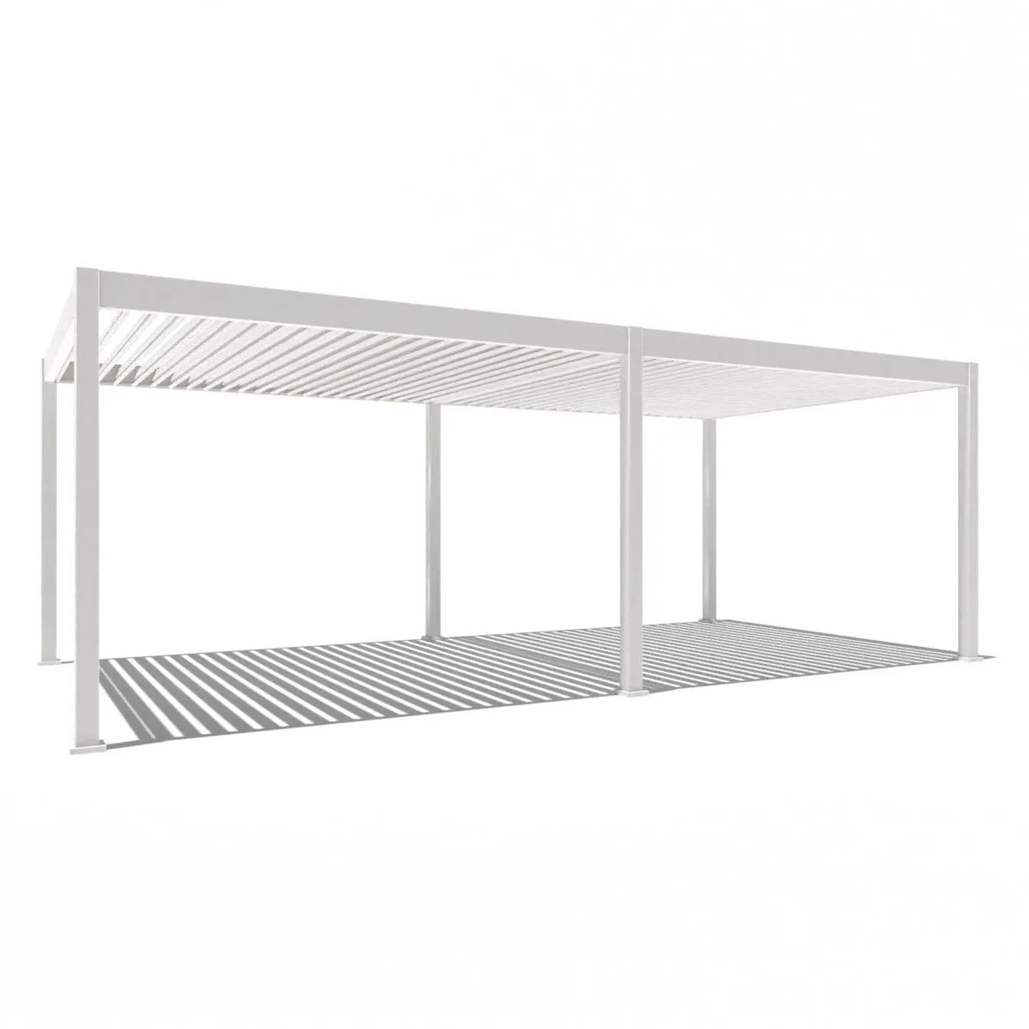 Weißer Alu-Pavillon mit elektrischem Lamellendach, 3,6x7,2m. Moderne Terrassenüberdachung für Sonnenschutz.