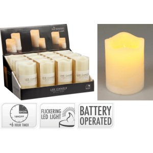 Elfenbeinfarbene LED-Kerze mit flackerndem Licht, wellenförmigem Oberteil und Timerfunktion. Batteriebetrieben, 7x9 cm.