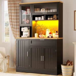 okwish Hochschrank mit LED-Beleuchtung Vitrine Küche 104 x 40 x 180 cm Schwarz