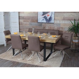 Essgruppe: Tisch mit Sitzbank und 4 Stühlen, brauner Bezug, Edelstahlgestell, 160 cm