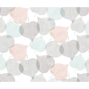 d-c-table Tischdecke Lindyana mit Blätter-Muster in Grau, Rosa und Blau.