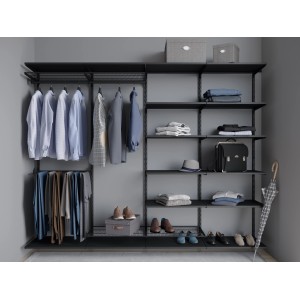 Schwarzes Regalsystem mit Metall-Hängeschiene (65 cm) zur Wandmontage von Kleidung und Accessoires.