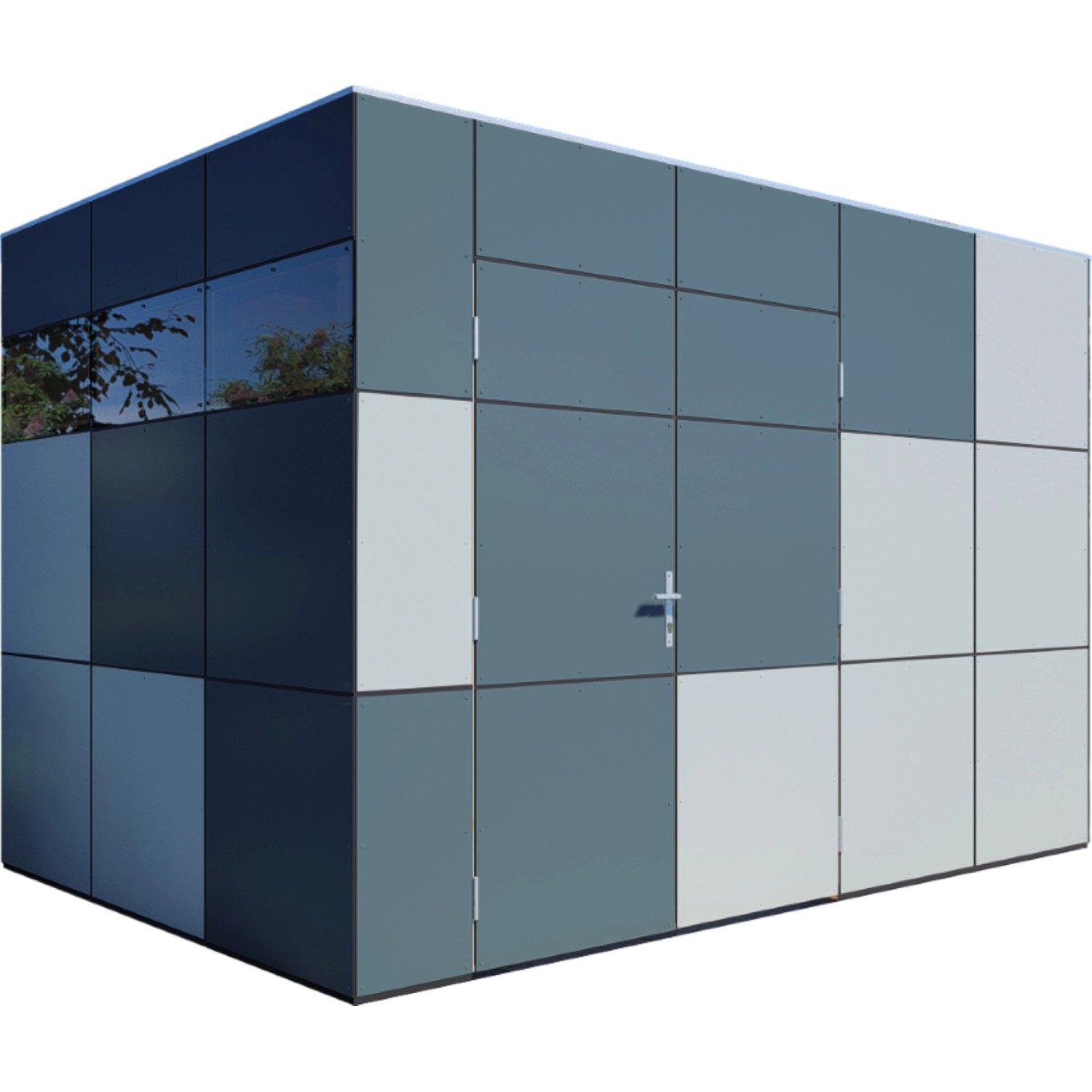 Modernes Bertilo Gartenhaus HPL 2 in Anthrazit-Grau, Holz-Gartenhaus mit Flachdach und Tür.