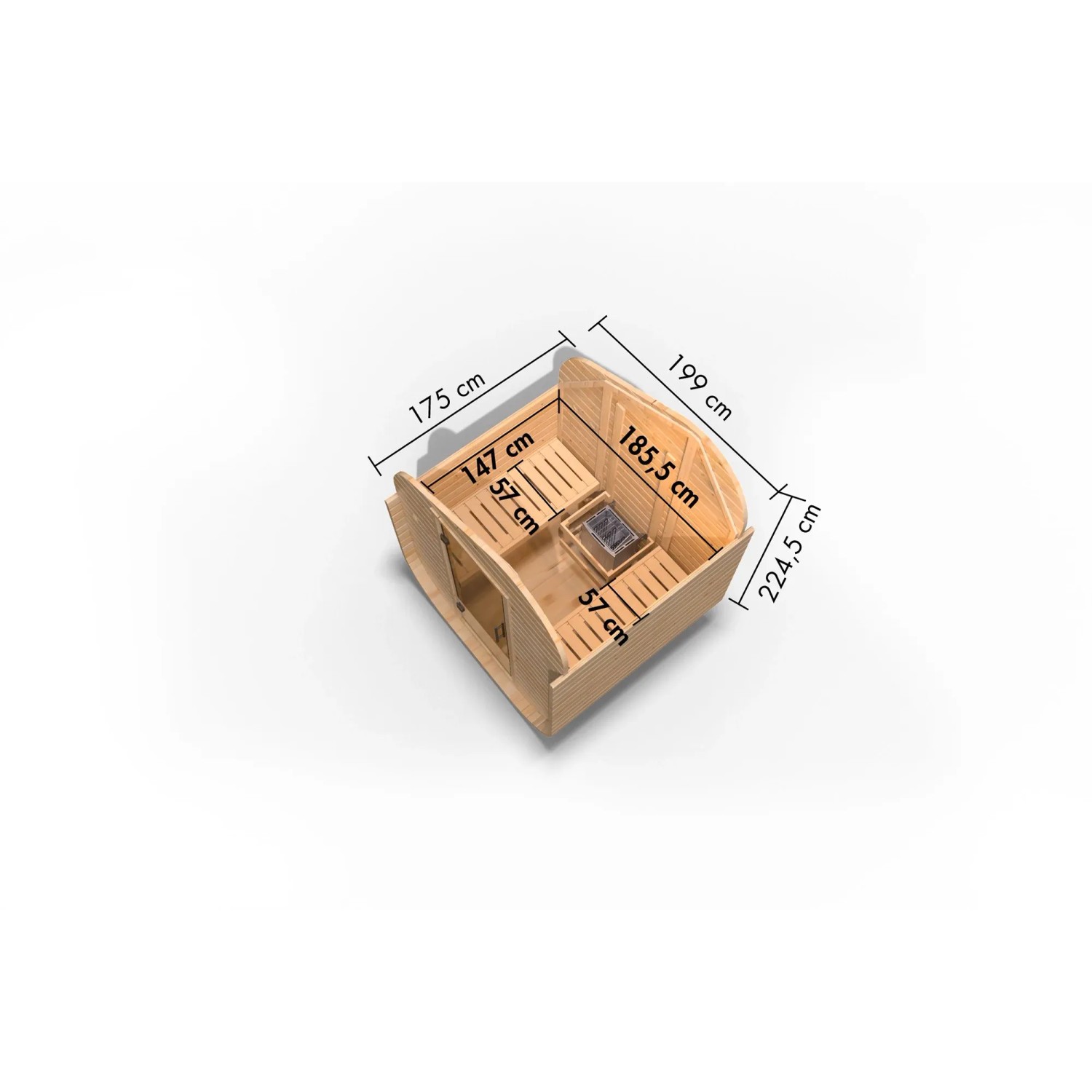 Karibu Fasssauna Asymmetrisch 1 mit Ofen, naturbelassen, Maße eingezeichnet.