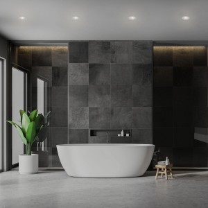 Bad mit Brilo LED-Einbauleuchten Kulana, 4er Set, Chrom matt. Warmweißes Licht, ideal für Feuchträume.