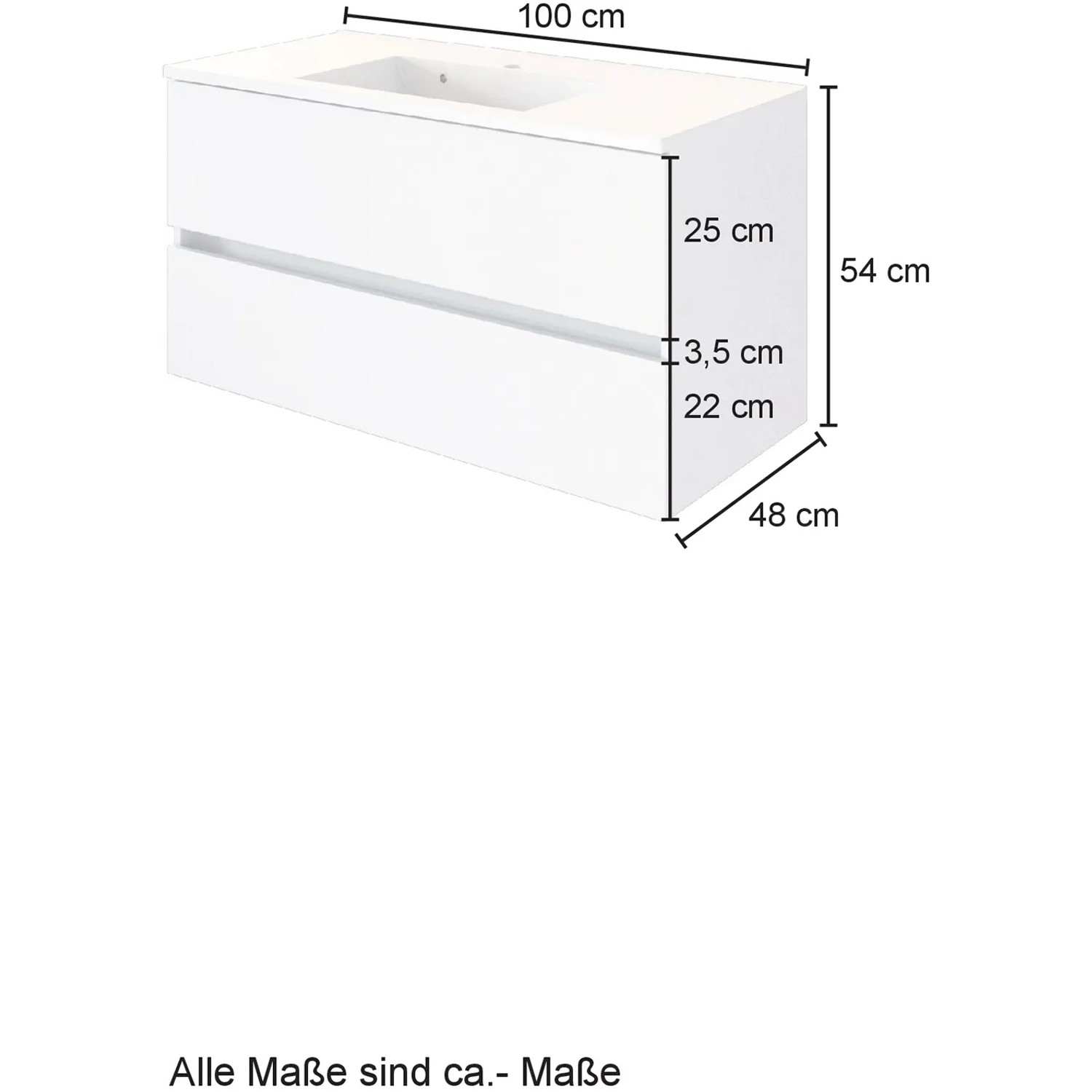 Held Möbel Einzelwaschtisch Bari 100 cm, Eiche Natur Matt, mit Maßen. Waschbeckenunterschrank mit zwei Schubladen.