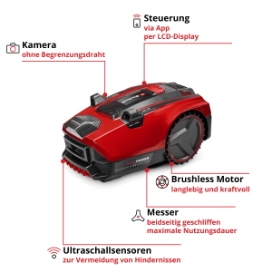 Einhell Freelexo Cam Plus 600 Mähroboter: Rot-schwarzer Rasenroboter mit Kamera und App-Steuerung.