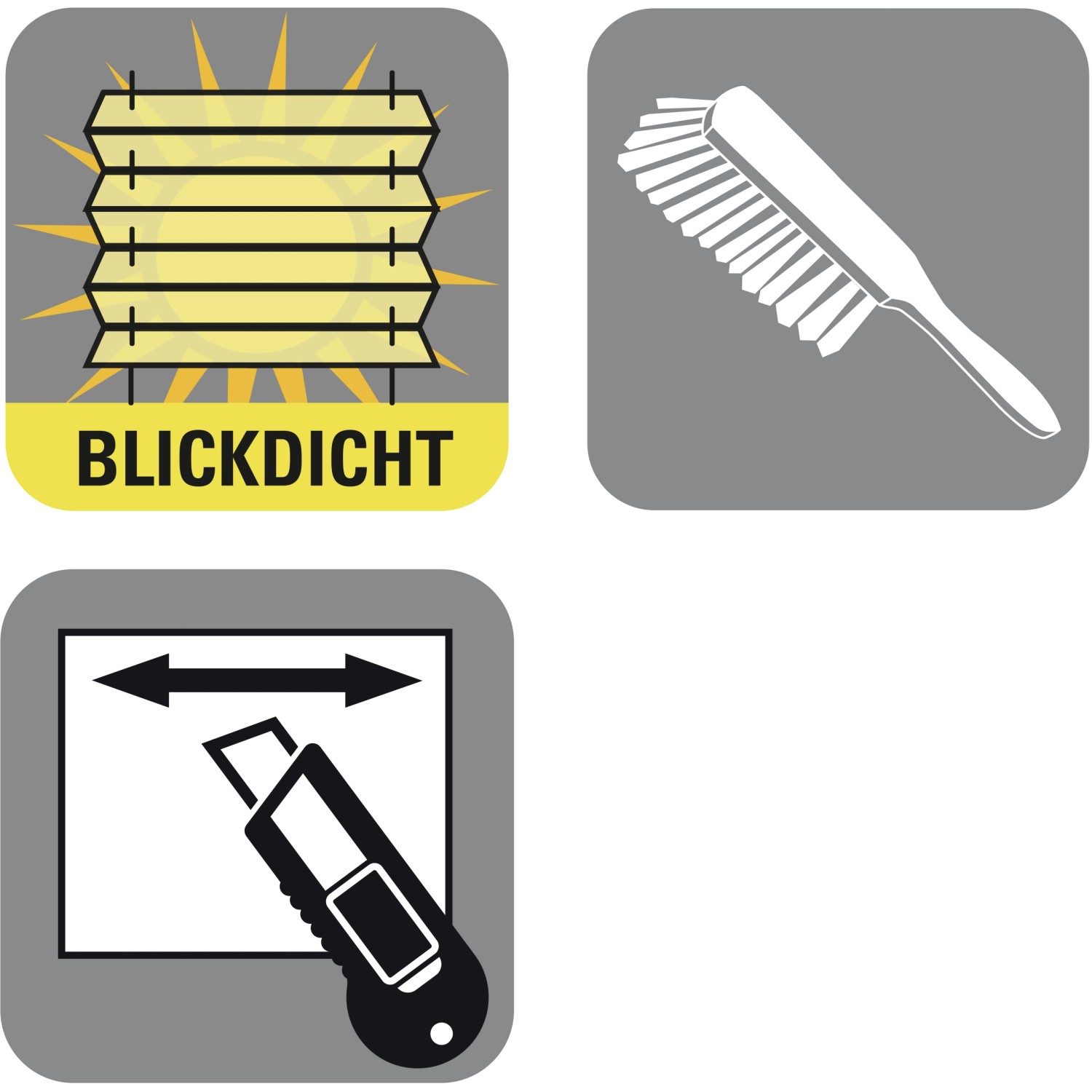 Symbole für Gardinia Plissee: blickdicht, Reinigungsbürste, Kürzbar.
