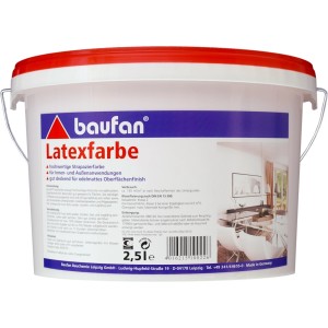 Baufan Latexfarbe, 2,5 l, Farbeimer mit rotem Deckel. Strapazierfähige Innen- und Außenfarbe.