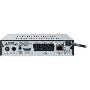 Rückansicht Schwaiger Receiver DVB-C Full HD mit Anschlüssen für Antenne, HDMI, Scart und Netzwerk.