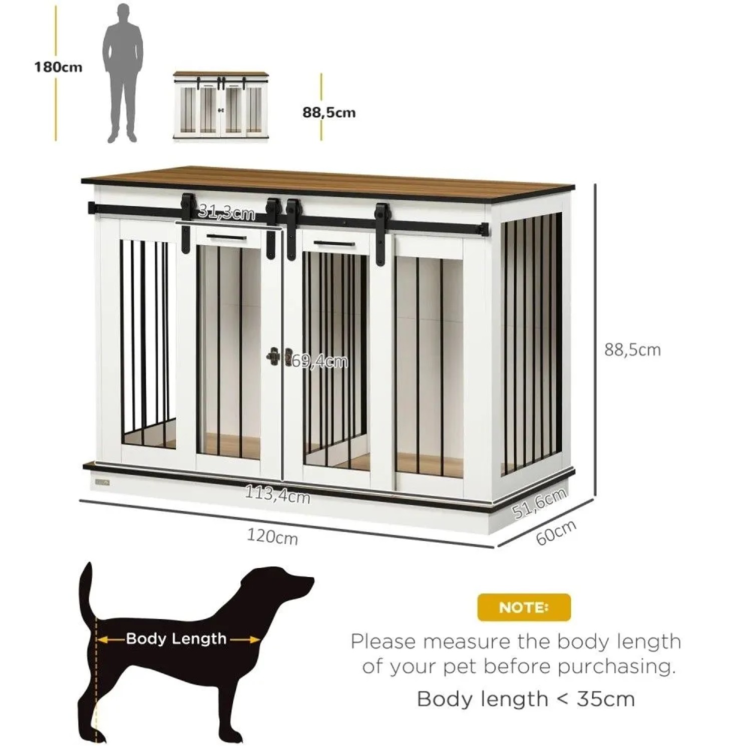 Weißer PawHut Hundekäfig aus MDF und Stahl mit Holzplatte, Schiebetüren. Maße: 120x60x88,5 cm. Ideal als Hundehütte.
