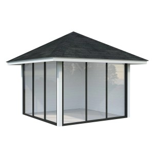 Palmako Pavillon Bianca Set 201, 300x300 cm, weiß lackiert, mit Schiebetüren und Walmdach.