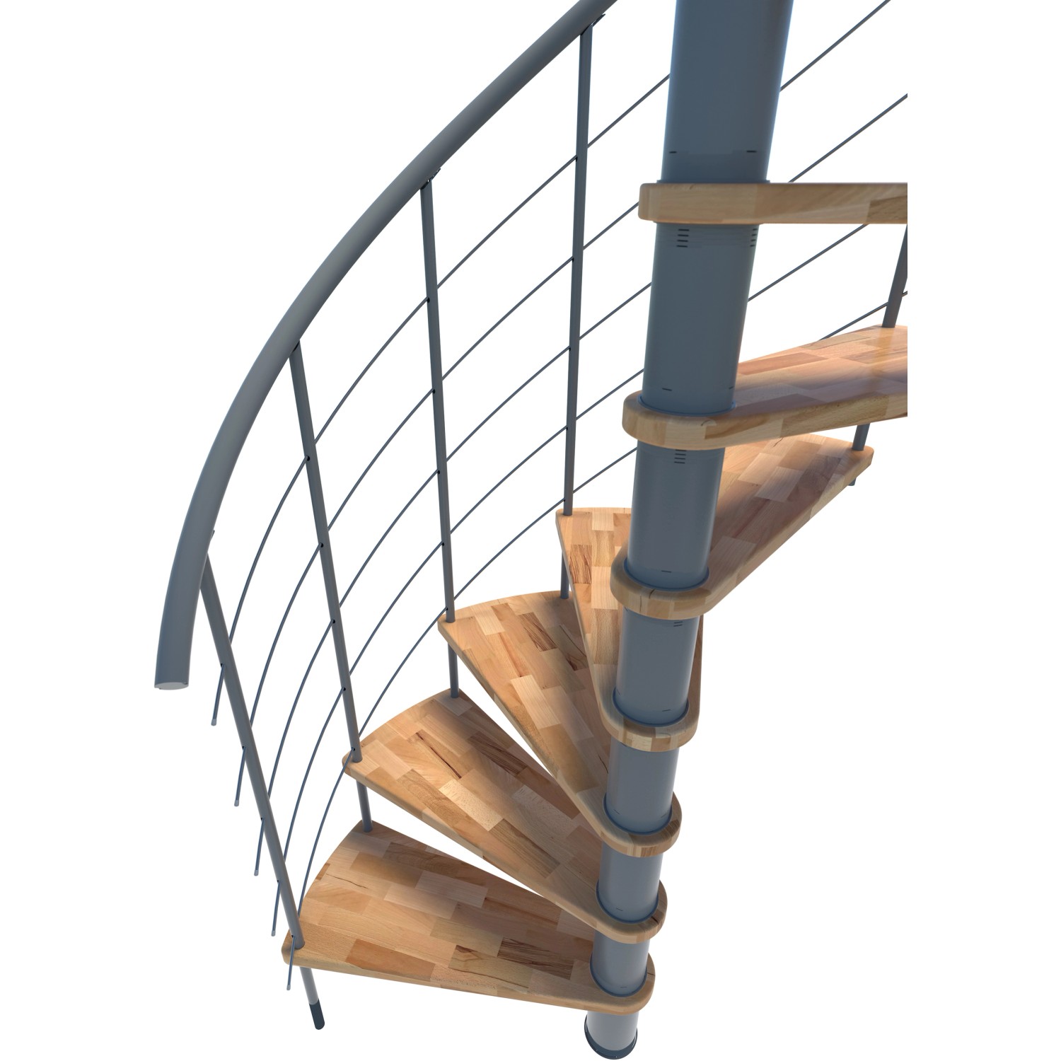 Minka Spindeltreppe Venezia Smart Buche Grau, Wendeltreppe mit Holzstufen und grauem Geländer.