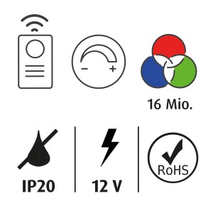 Icons für FN Acustico LED-Streifen RGB: Steuerung, Dimmbarkeit, 16 Mio. Farben, IP20, 12V, RoHS.