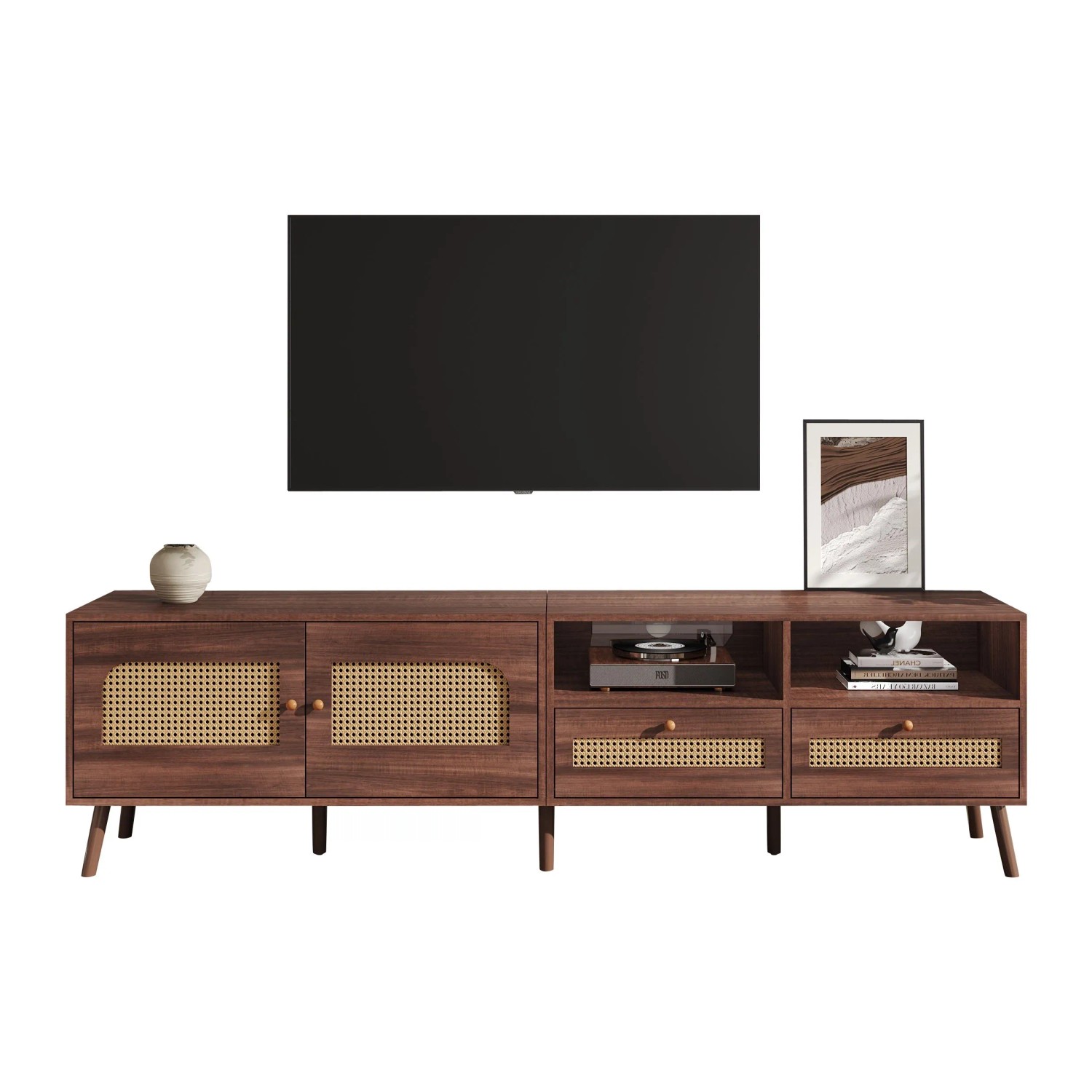 okwish TV Schrank mit Rattan Türen Schubladen Füßen Stauraum 200x37x49.5cm Braun_9