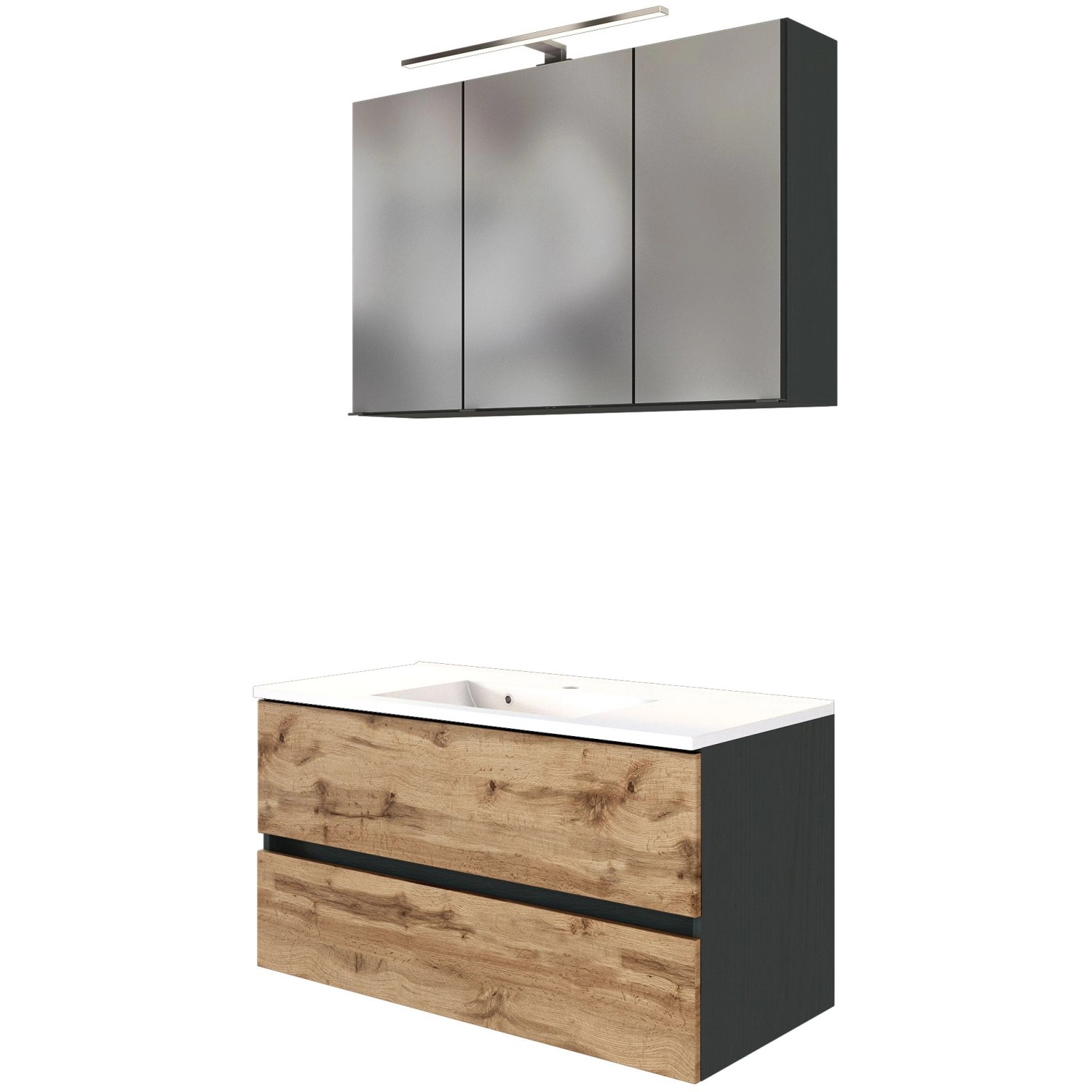Held Möbel Waschtisch-Set Bari, 100 cm, Wotaneiche/Graphitgrau, mit Spiegelschrank und Mineralgussbecken.