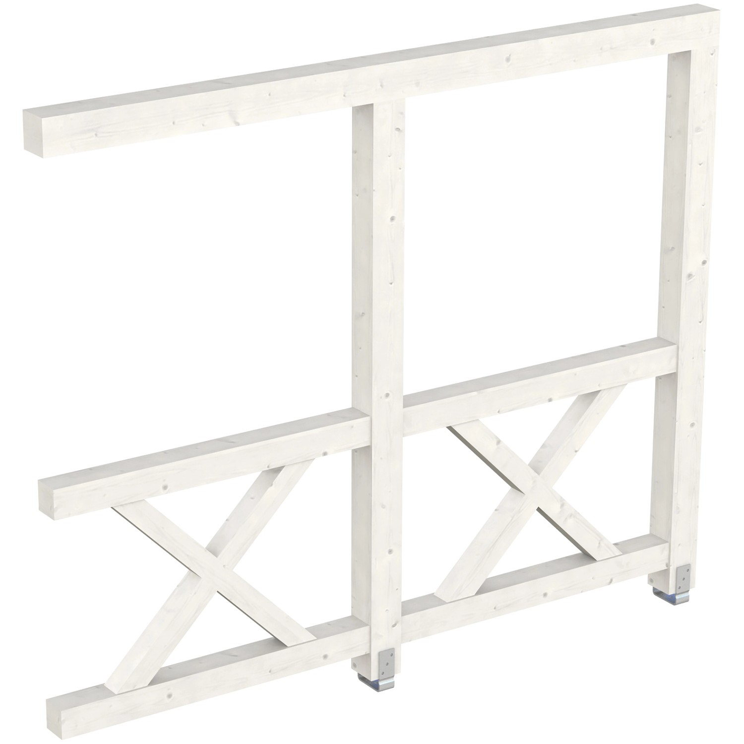 Weiße Skan Holz Seitenwand mit Andreaskreuz für Terrassenüberdachung.