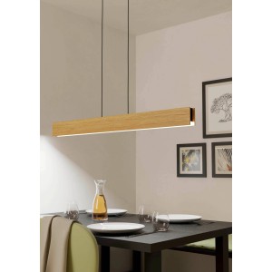 Moderne Eglo LED-Hängeleuchte Anchorena-Z in Braun, Schwarz und Weiß über Esstisch.