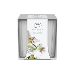 ipuro ESSENTIALS Duftkerze White Lily, 125g im weißen Glas mit Lilien-Dekor.