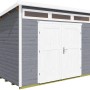 Graues Weka Gartenhaus 264 mit Pultdach und weißer Doppeltür. Holz Gartenhaus für Geräte und Gartenmöbel.