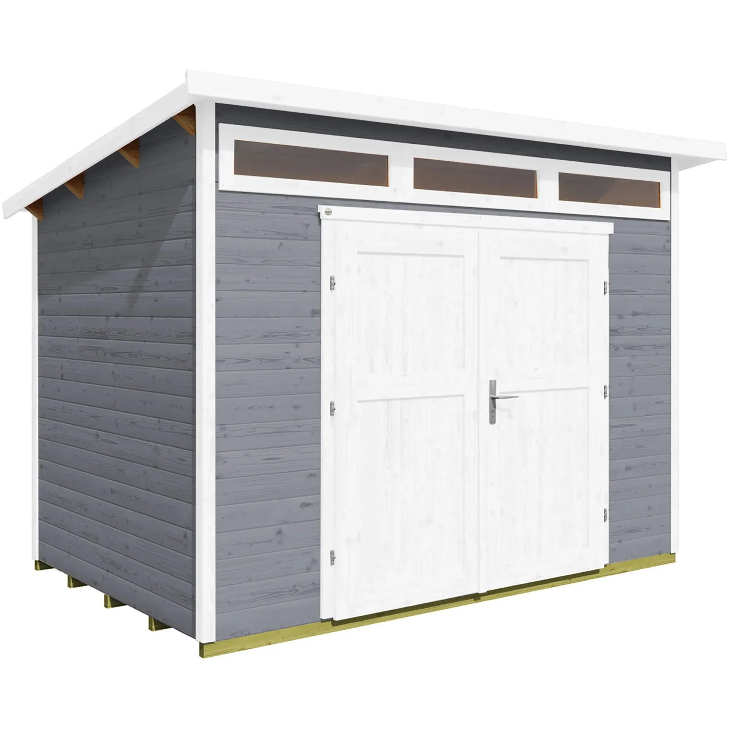 Graues Weka Gartenhaus 264 mit Pultdach und weißer Doppeltür. Holz Gartenhaus für Geräte und Gartenmöbel.