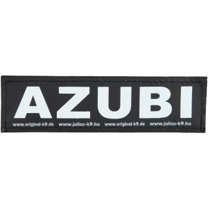 Julius K-9 Klettsticker "Azubi" für Hundegeschirr, schwarz mit weißer Schrift.