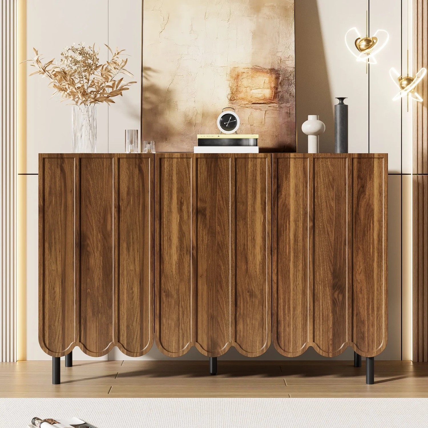 okwish Sideboard mit Wellentüren Wohnzimmer Flur Esszimmer 120x35x80cm Braun_3