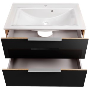 Fackelmann Waschplatz-Set B.Brillant 80 cm, Asteiche/Glas Anthrazit mit offen Schubladen.