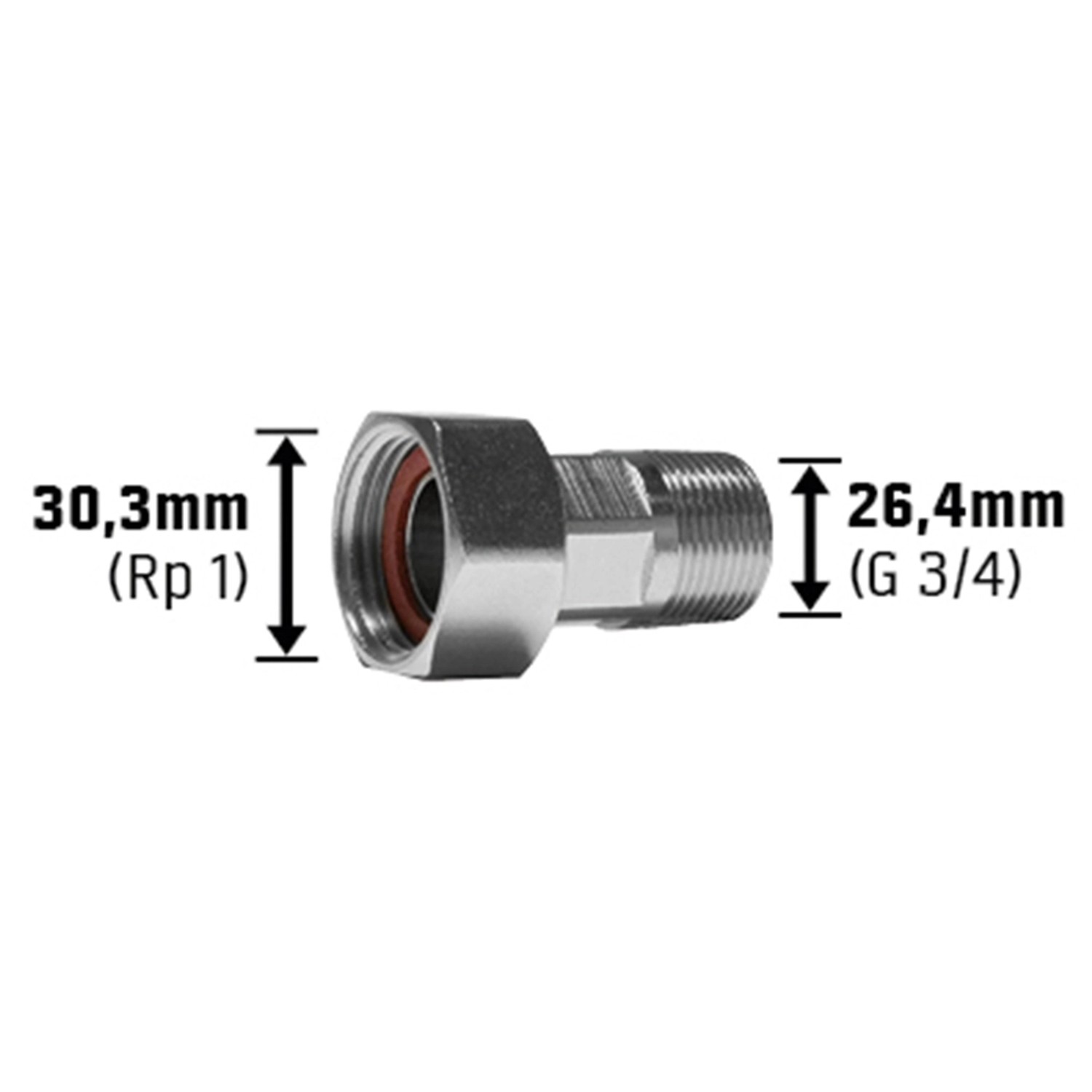 Wasserzählerverschraubung, 30,3 mm (Rp 1) x 26,4 mm (G 3/4), verchromt für Wasserzähler-Zubehör.