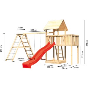 Karibu Spielturm Lotti mit Doppelschaukel, Klettergerüst und roter Rutsche. Abmessungen sind auf dem Bild zu sehen.