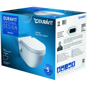 Duravit Wand WC Set Starck 3, weiß, mit Absenkautomatik, abgebildet im Karton.