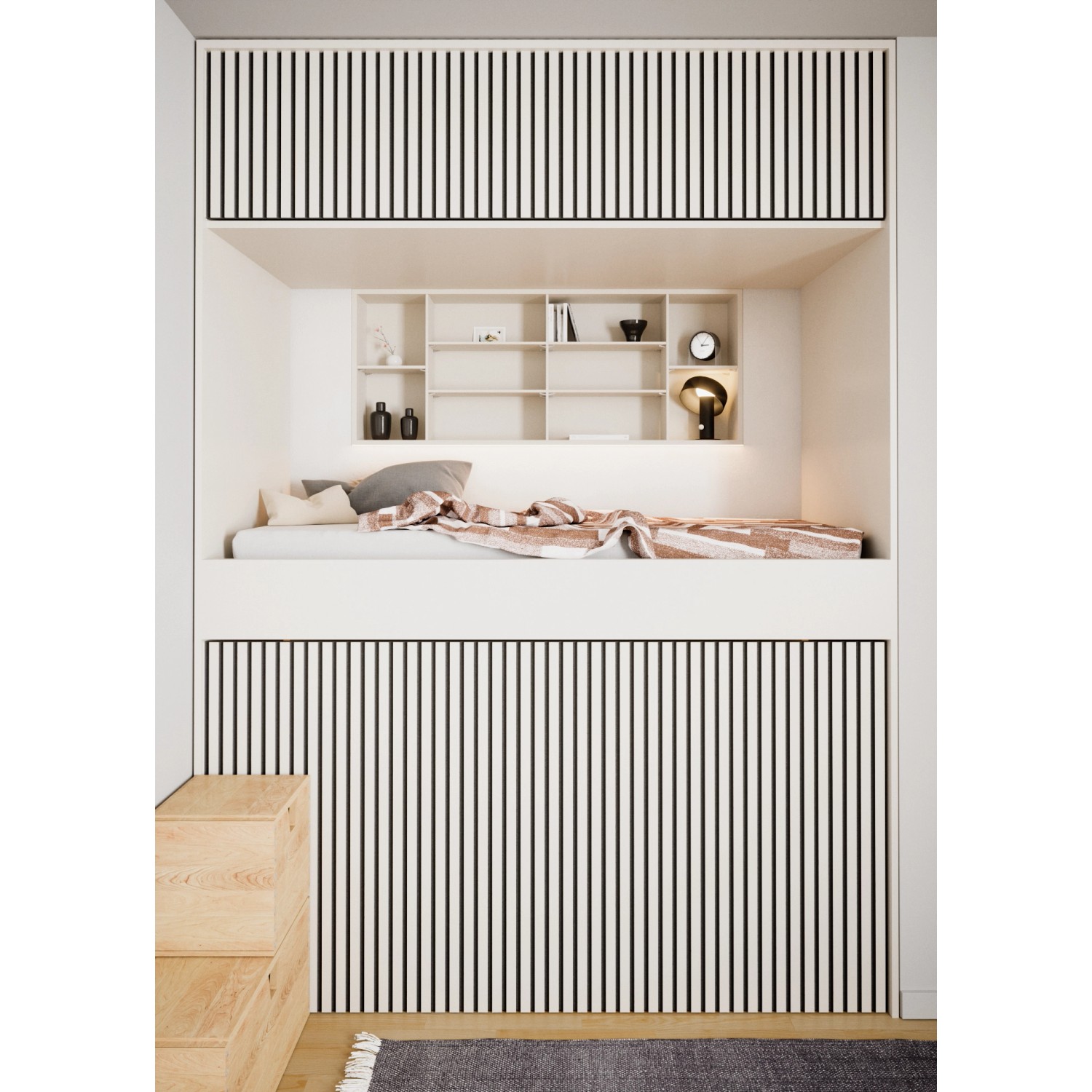 Akustikpaneel-Muster Linoleum Mushroom/Schwarz im Raum mit Bett und Regalen.