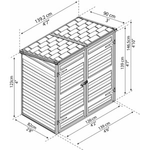 Skizze der Palram Voyager Geräte- und Mülltonnenbox in Schwarz mit Maßangaben.