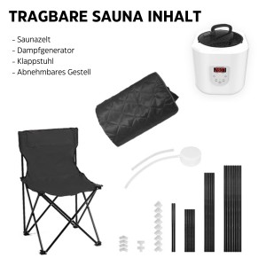 Sanotechnik Dampfsauna tragbar, Inhalt: Dampfgenerator, Zelt, Klappstuhl und Gestell.