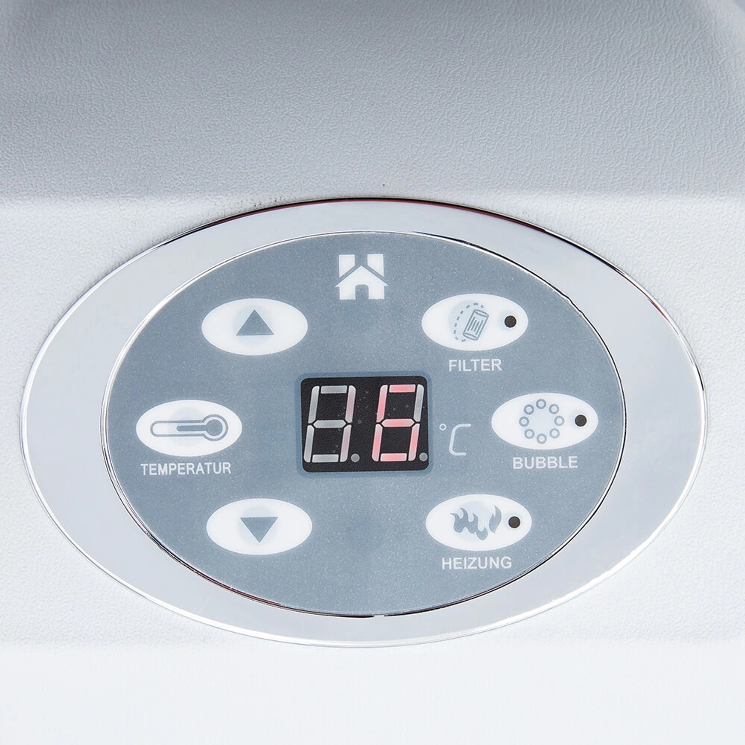 Detailaufnahme: Bedienfeld des Home Deluxe Whirlpool Splash mit Temperaturanzeige und Funktionsknöpfen.