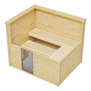 Weka Massivholzsauna Bergen 3 Sparset, 9 kW, Glastür, Innenansicht mit Liegen.