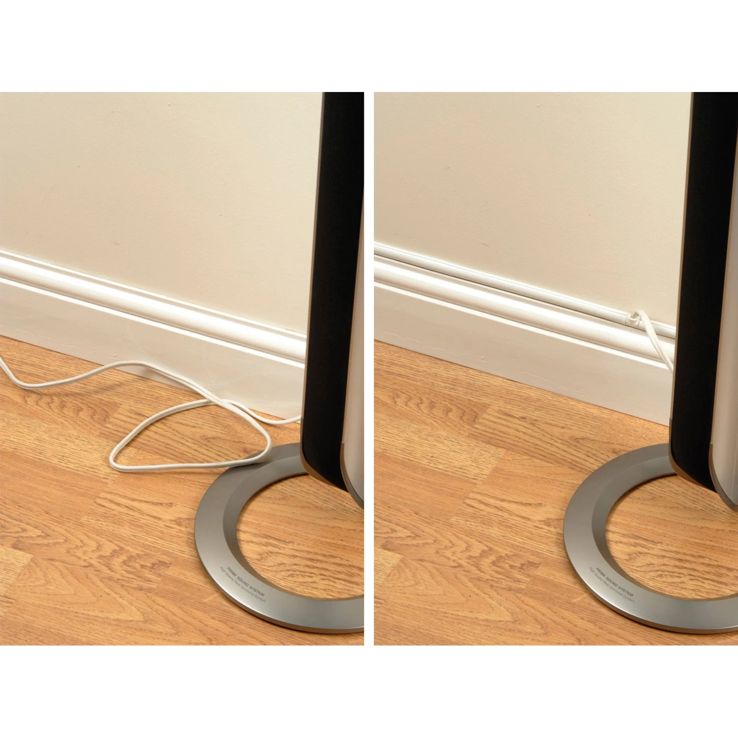 Vorher/Nachher: Weißer D-Line Kabelkanal, 16x8mm, verdeckt Kabel an der Wand.
