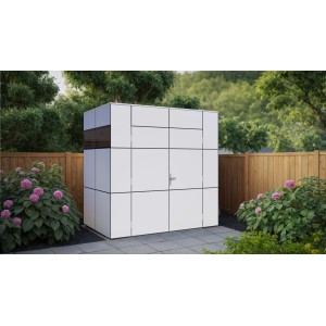 Modernes, weißes Bertilo Gartenhaus HPL Mini (231x152cm) mit Flachdach im Garten.