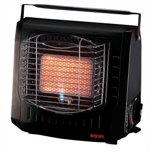 Mobiler Rowi Gas-Heizstrahler 2000 W, schwarzer Gasheizer mit Tragegriff und Schutzgitter.